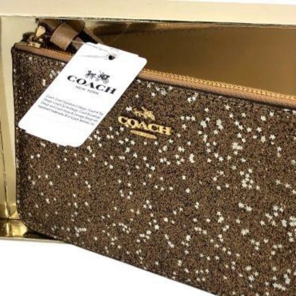 Coach F22705 IMGLD Star Glitter Gold Printed Coated Canvas Corner Zip Wristlet W - Picture 13 of 14